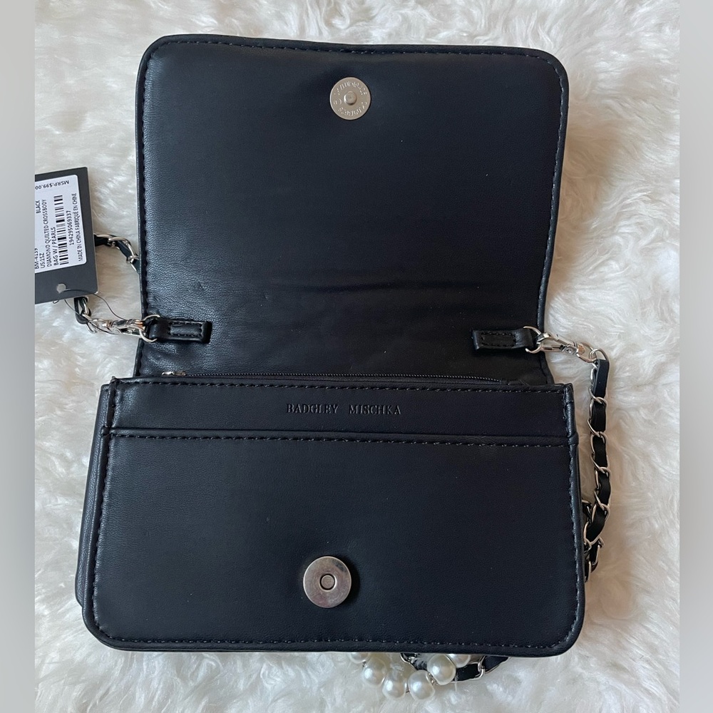 Badgley Mischka Black Quilted Crossbody with Pearl-Accent Chain - Picture 3 of 5